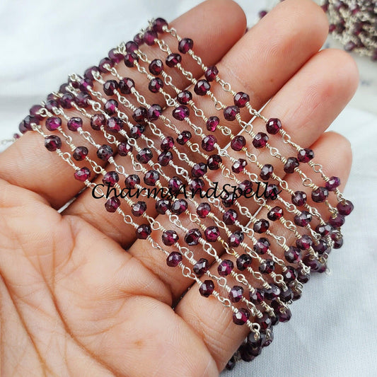 1 Feet Chain, Garnet Gemstone Rosary Chain, 3.5-4mm Beads Chain, 925 Sterling Silver Plated Wire Wrapped Beaded Chain, DIY Necklace Chain - Charms And Spells