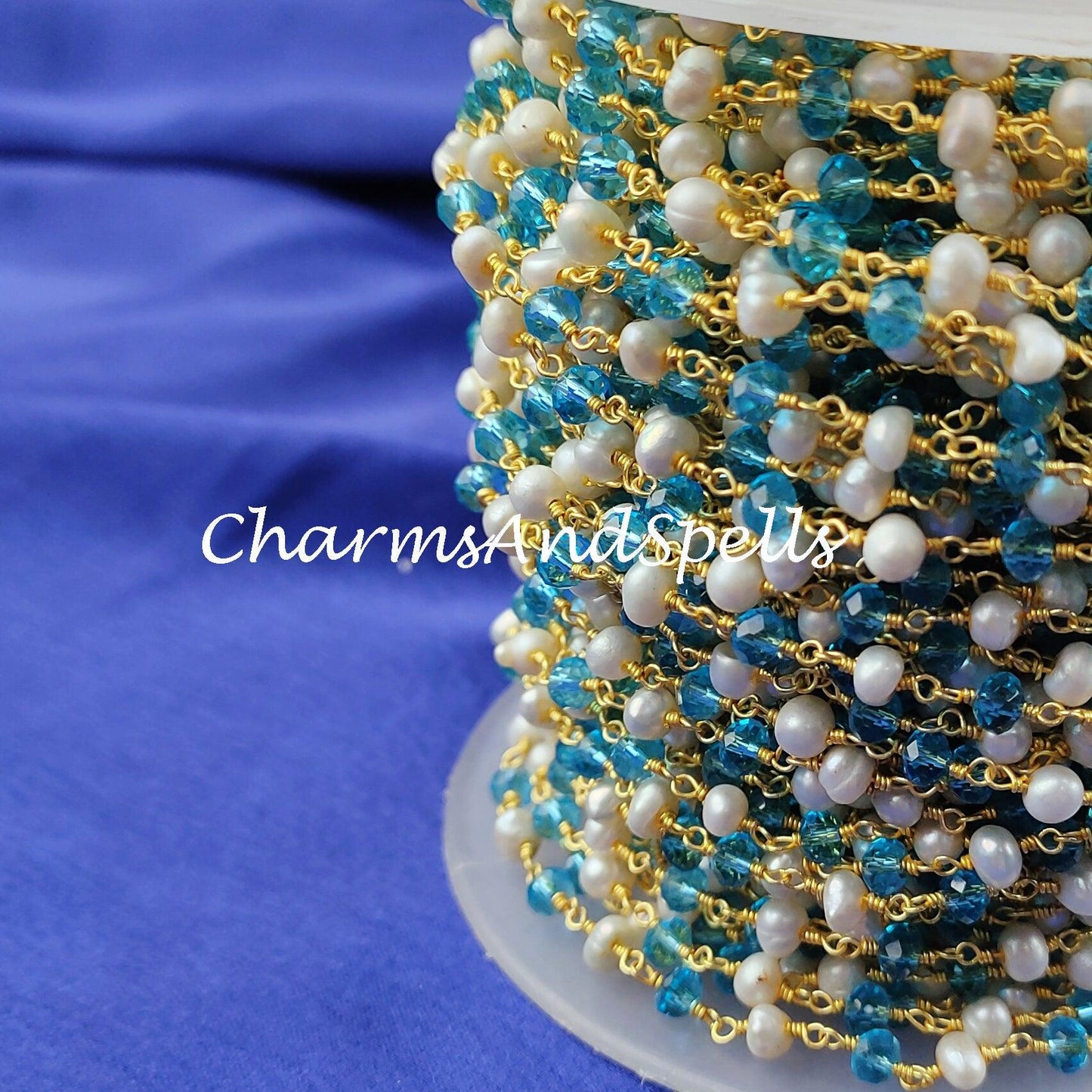 1,2,5,10,25 Ft Blue Topaz Faceted Rondelle Beaded Rosary Chain, Pearl Gold Plated Wire, Jewelry Making Chain, Wire Wrapped Chain 3.5-4.5mm - Charms And Spells