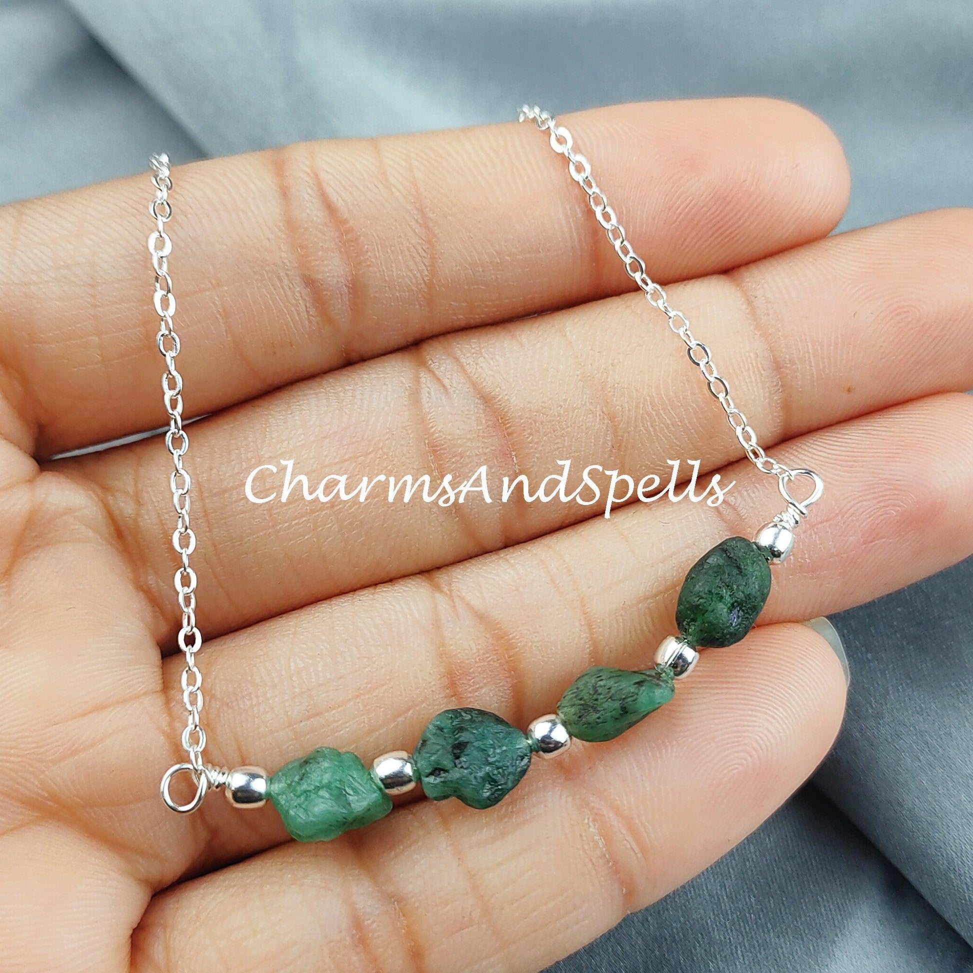 Raw Emerald Necklace, Rough Gemstone Crystal, Healing Stone, May Birthstone, Layering, Girlfriend - Charms And Spells