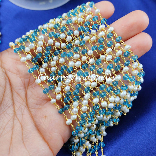 1,2,5,10,25 Ft Blue Topaz Faceted Rondelle Beaded Rosary Chain, Pearl Gold Plated Wire, Jewelry Making Chain, Wire Wrapped Chain 3.5-4.5mm - Charms And Spells