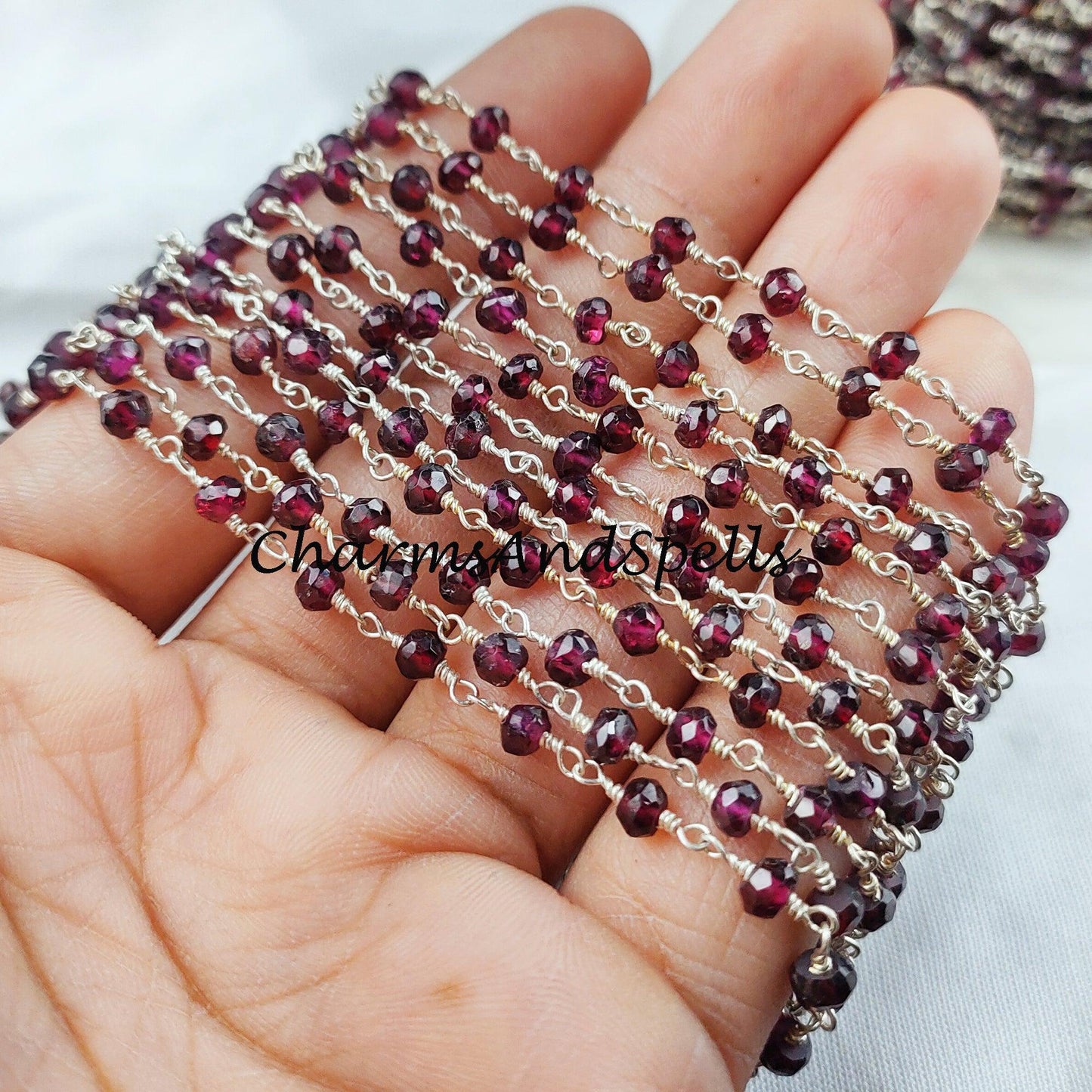 1 Feet Chain, Garnet Gemstone Rosary Chain, 3.5-4mm Beads Chain, 925 Sterling Silver Plated Wire Wrapped Beaded Chain, DIY Necklace Chain - Charms And Spells