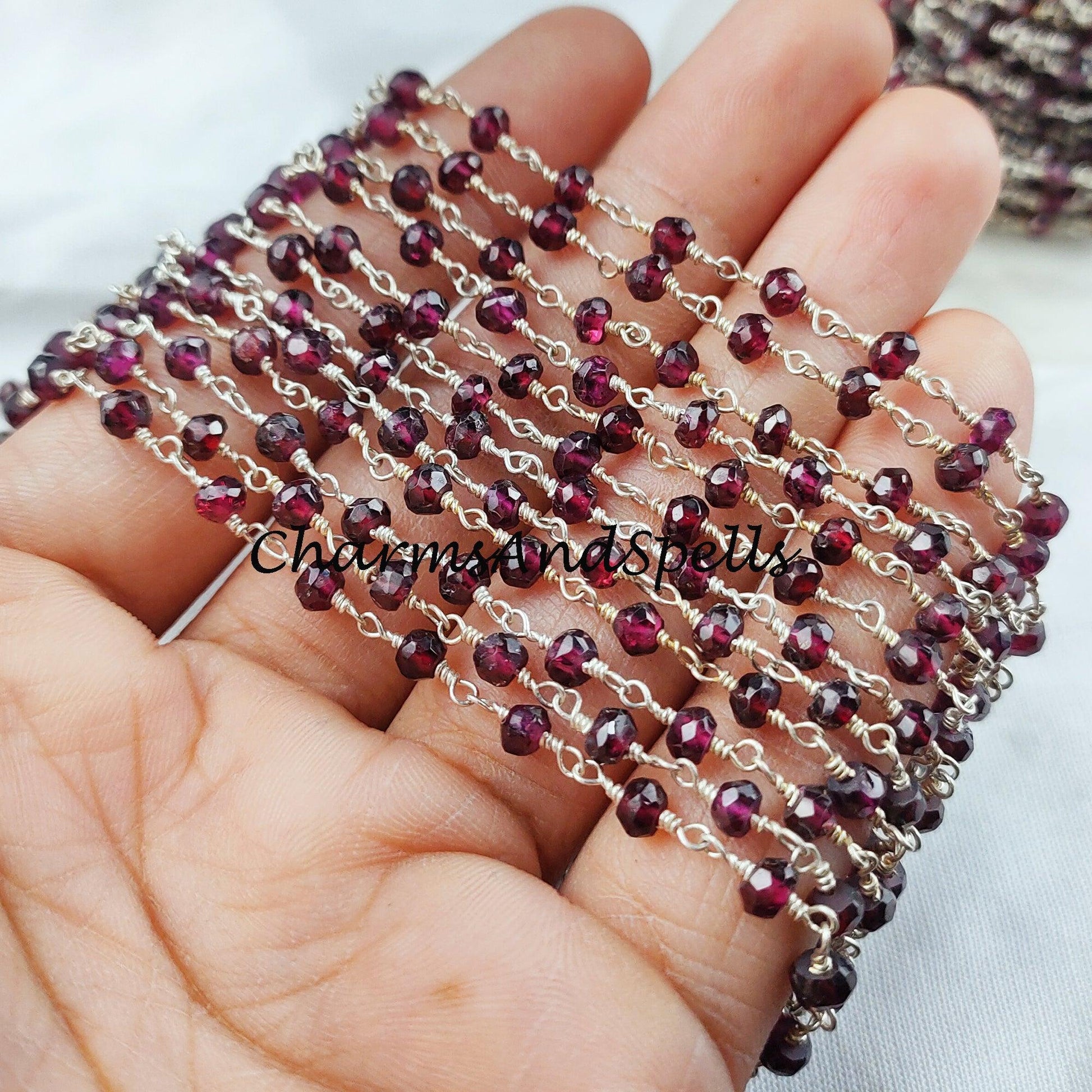 1 Feet Chain, Garnet Gemstone Rosary Chain, 3.5-4mm Beads Chain, 925 Sterling Silver Plated Wire Wrapped Beaded Chain, DIY Necklace Chain - Charms And Spells