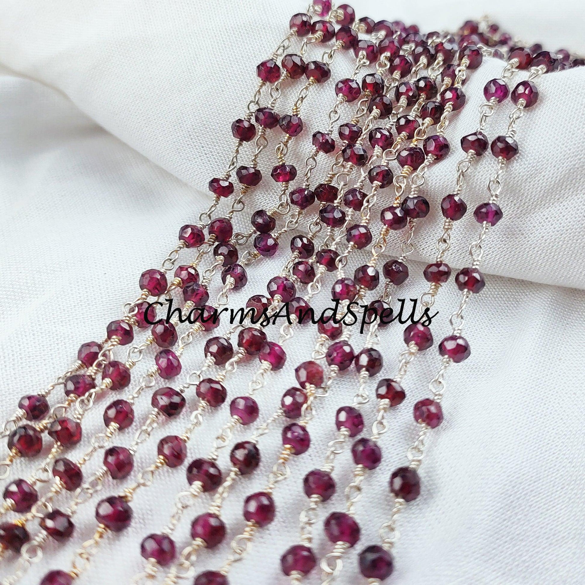 1 Feet Chain, Garnet Gemstone Rosary Chain, 3.5-4mm Beads Chain, 925 Sterling Silver Plated Wire Wrapped Beaded Chain, DIY Necklace Chain - Charms And Spells