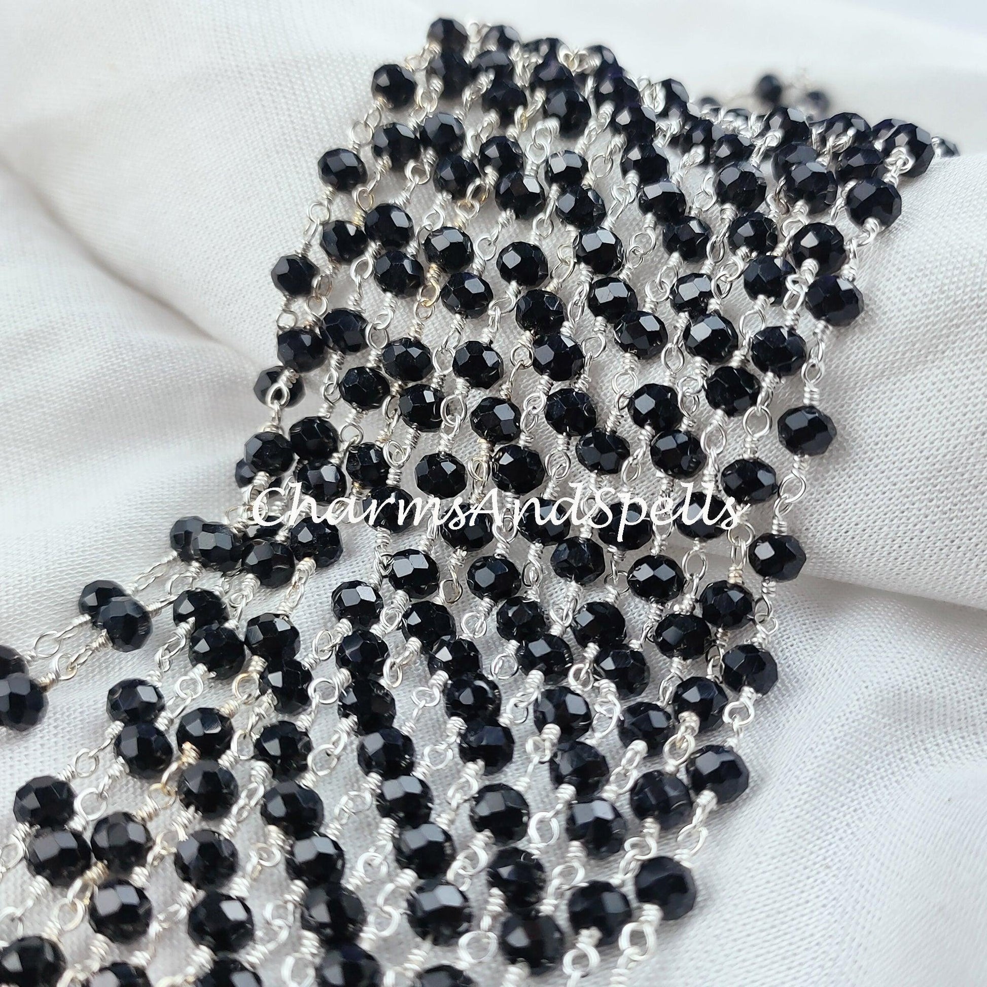 1 Feet Chain, Black Onyx Beaded Chain, Women Necklace, Wire Wrapped Onyx Beaded Chain, Rosary Bead Chain, Black Onyx, DIY Bracelet Chain - Charms And Spells