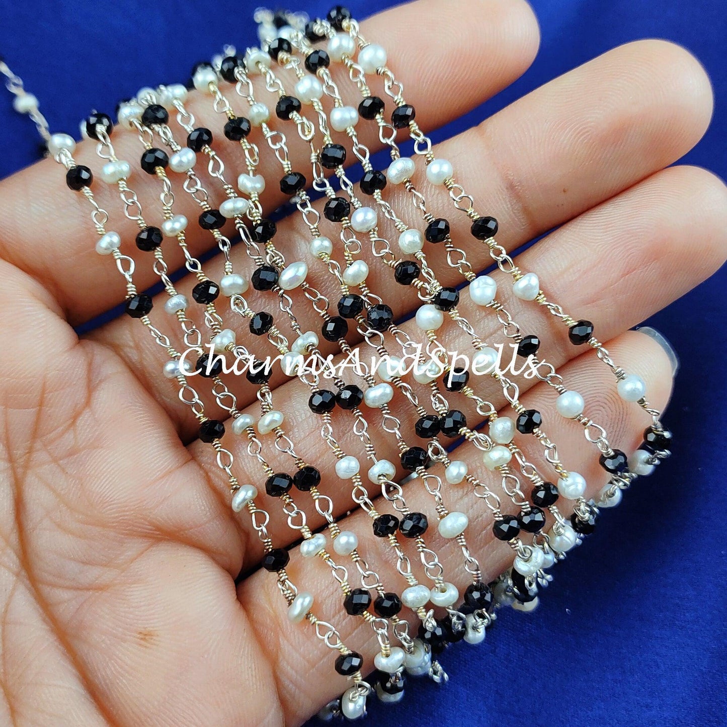 1,2,5,10,25 Ft Black Onyx Hydro Faceted Rondelle Beaded Rosary Chain, Pearl Silver Plated Wire, Jewelry Making, Wire Wrapped Chain - Charms And Spells