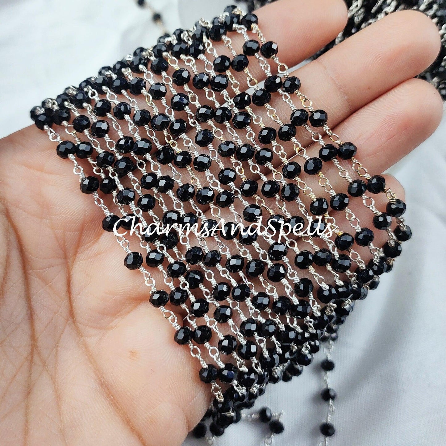 1 Feet Chain, Black Onyx Beaded Chain, Women Necklace, Wire Wrapped Onyx Beaded Chain, Rosary Bead Chain, Black Onyx, DIY Bracelet Chain - Charms And Spells