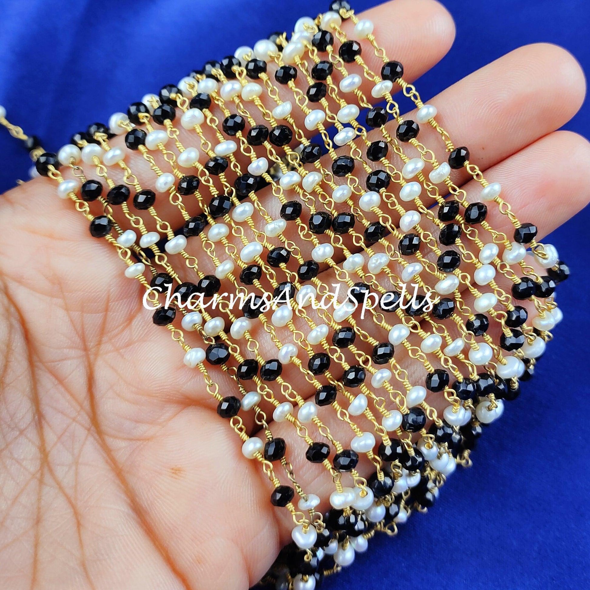 1 Feet Chain, Black Onyx Rosary Chain, Pearl 3.5-4mm Beaded Chain, Body Chain, Jewelry Making Chain, Women Chain, Necklace Chain - Charms And Spells