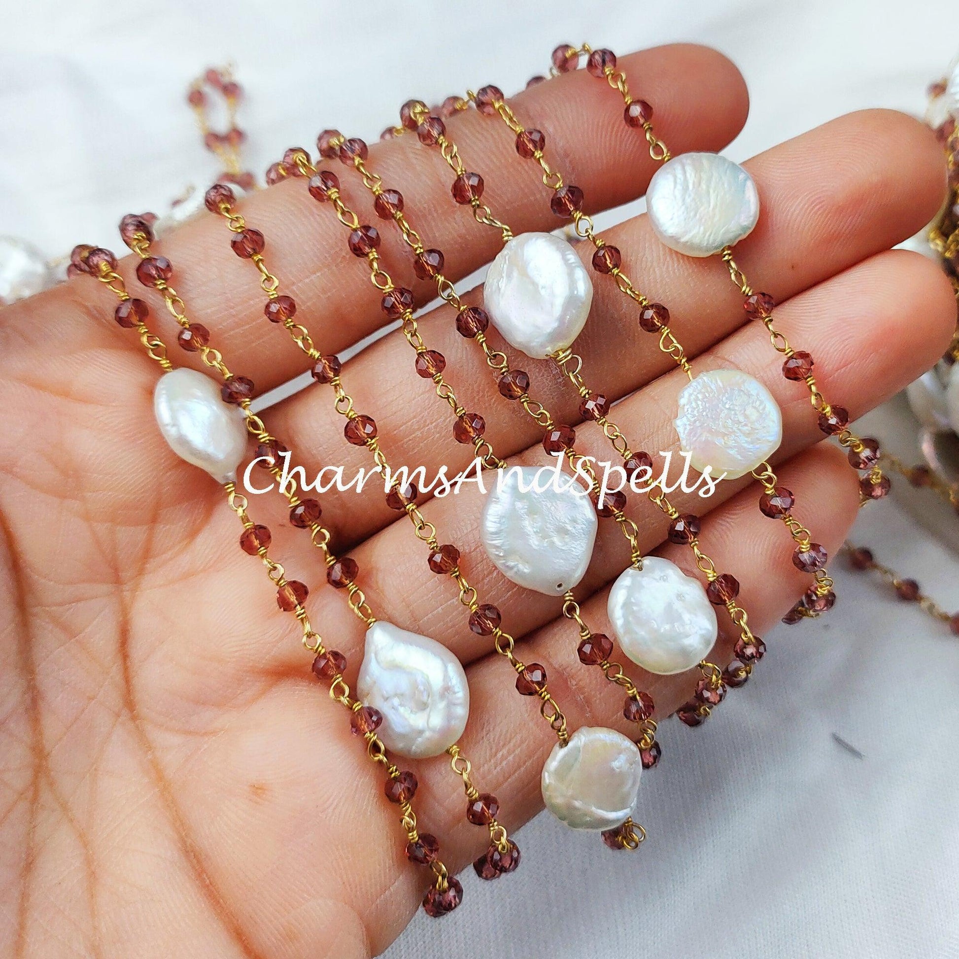 1 Feet Chain, Amethyst Beaded Chain, Mother Of Pearl Wire Wrapped Chain, Rosary Chain, Boho Chain, Jewelry Making Chain, DIY Chain, Handmade Chain - Charms And Spells