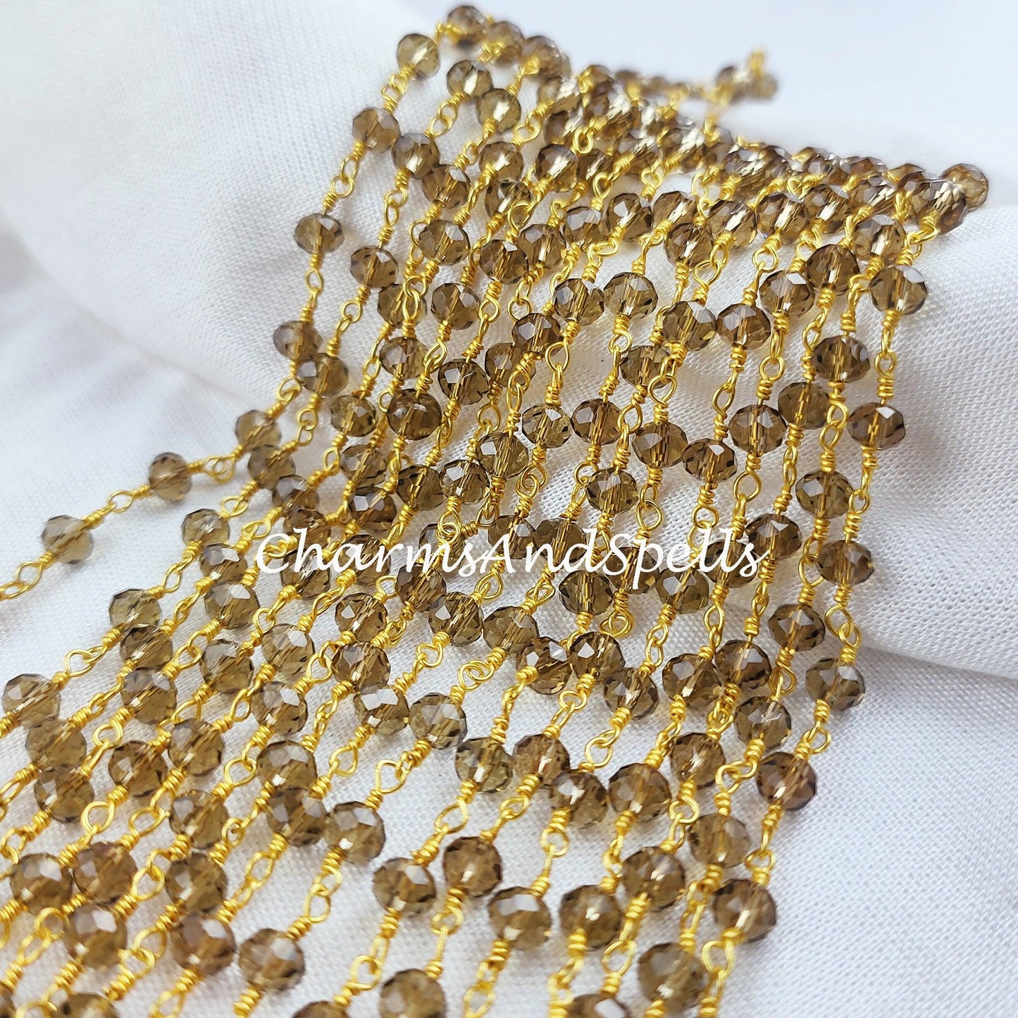 1 Feet Chain, Smoky Quartz Gemstone Rosary Chain, 4-4.5mm Beads Chain, 14K Gold Plated Wire Wrapped Beaded Chain, DIY Necklace Chain - Charms And Spells