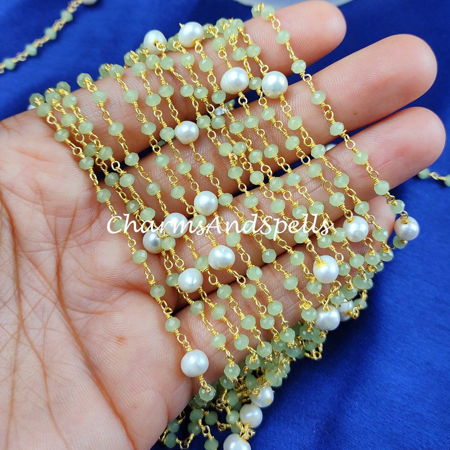 1 Feet Chain, 50% OFF Green Chalcedony Beaded Rosary Chain, Pearl Rondelle Faceted 3-3.5mm, 14K Gold Plated Chain, Jewelry Findings - Charms And Spells