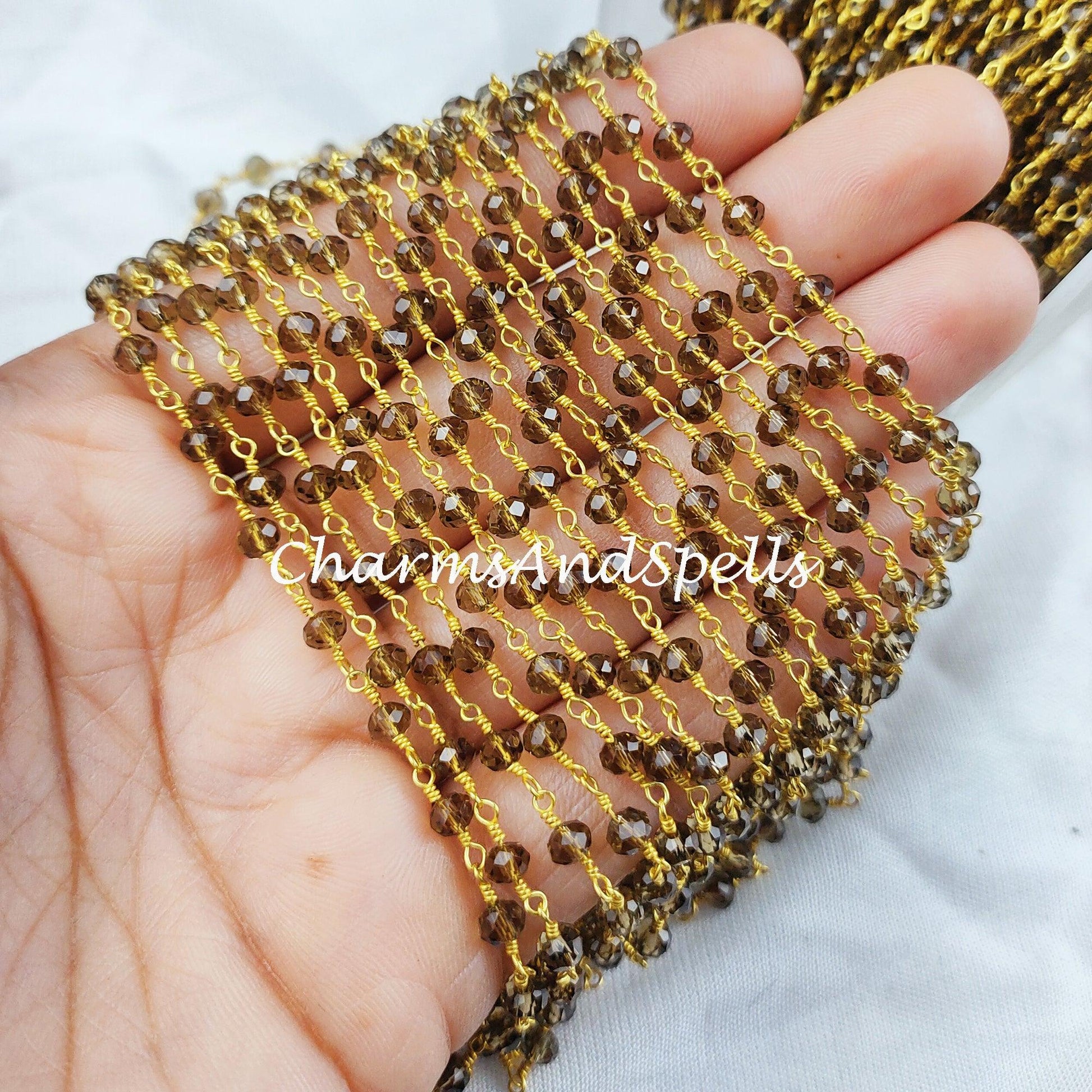 1 Feet Chain, Smoky Quartz Gemstone Rosary Chain, 4-4.5mm Beads Chain, 14K Gold Plated Wire Wrapped Beaded Chain, DIY Necklace Chain - Charms And Spells