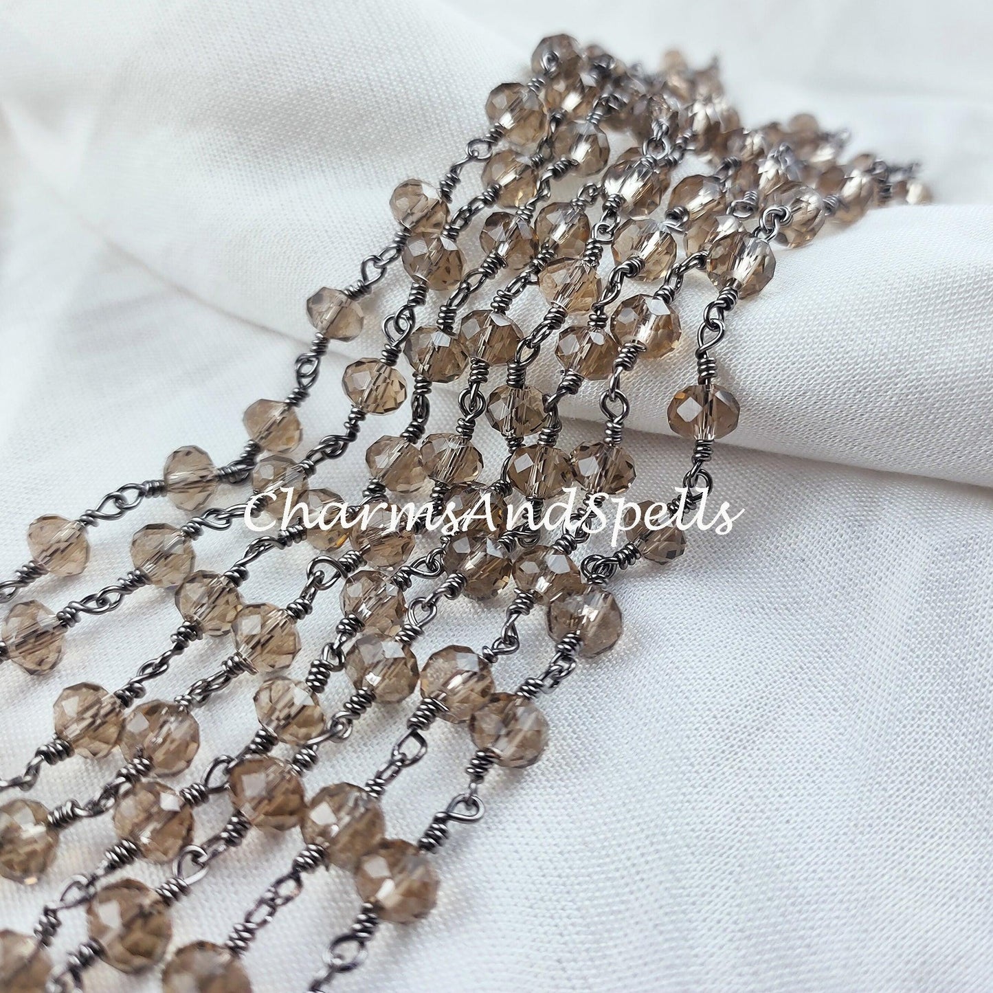 1 Feet Chain, Smoky Quartz Beaded Rosary Chain, Rondelle Faceted 5.5-6mm Black Plated Chain, Jewelry Findings, Bulk Rosary Chain Rolls - Charms And Spells