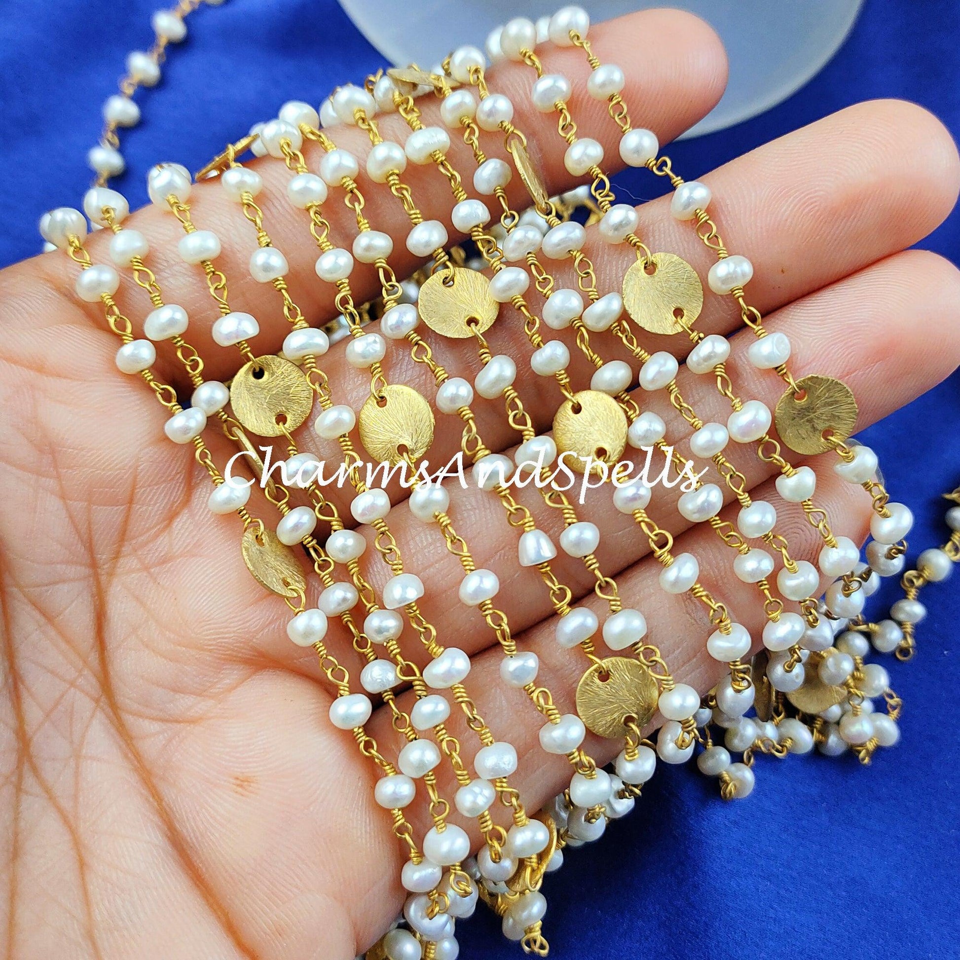 1,2,5,10,25 Ft Pearl Hydro Rondelle Beaded Rosary Chain, Pearl Gold Plated Wire, Jewelry Making, Wire Wrapped Chain 3.5-4mm, DIY Chain - Charms And Spells