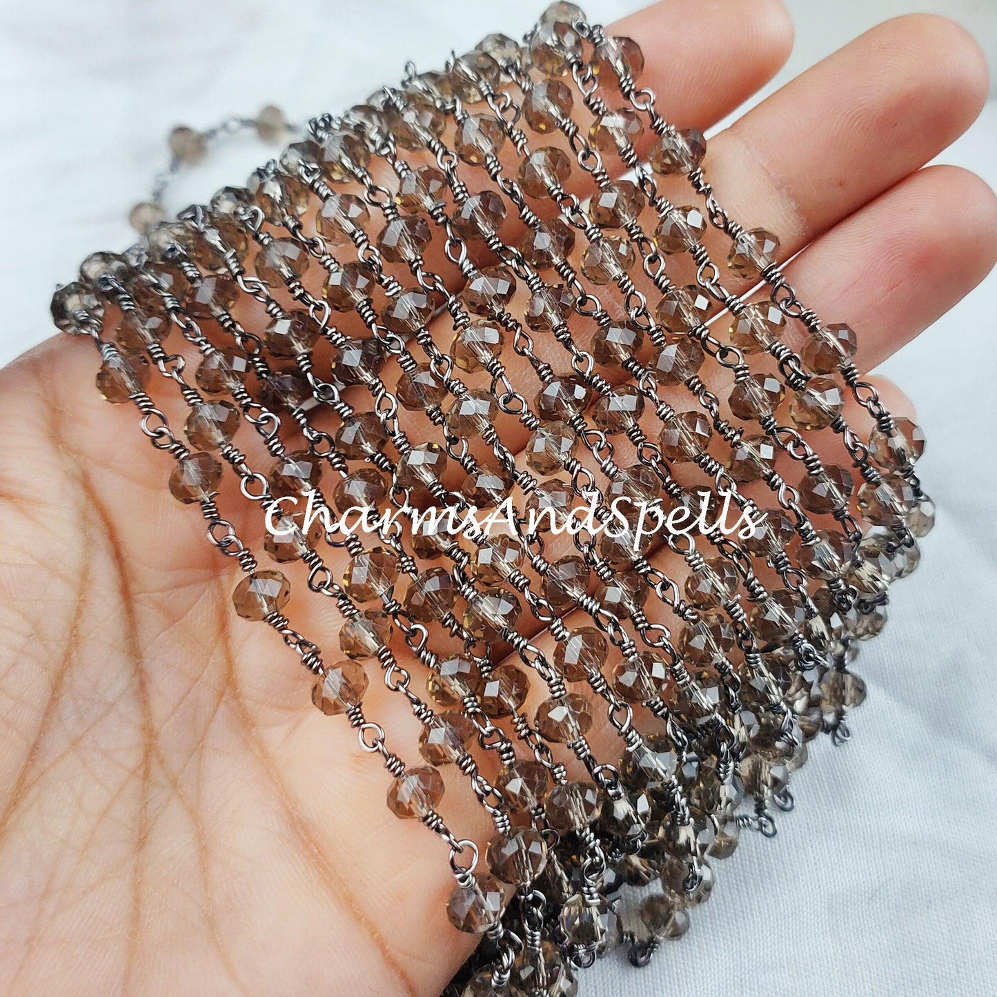 1 Feet Chain, Smoky Quartz Beaded Rosary Chain, Rondelle Faceted 5.5-6mm Black Plated Chain, Jewelry Findings, Bulk Rosary Chain Rolls - Charms And Spells