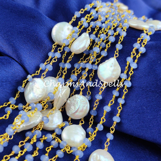 1 Feet Chain Sale!!!! Chalcedony Beaded Chain, Mother Of Pearl Necklace Chain, Wire Wrapped Gemstone Beaded Chain, Rosary Beaded Chain - Charms And Spells