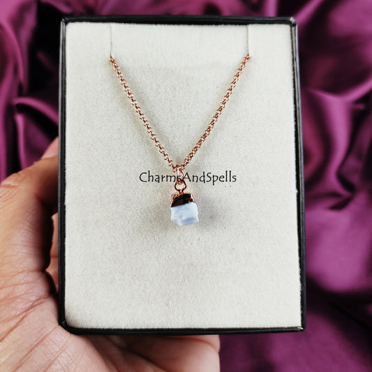 Natural Raw Blue Opal Necklace, Electroplated Necklace, Rose Gold Plated Necklace, Copper jewelry, Raw Crystal Necklace, Gift For Wife