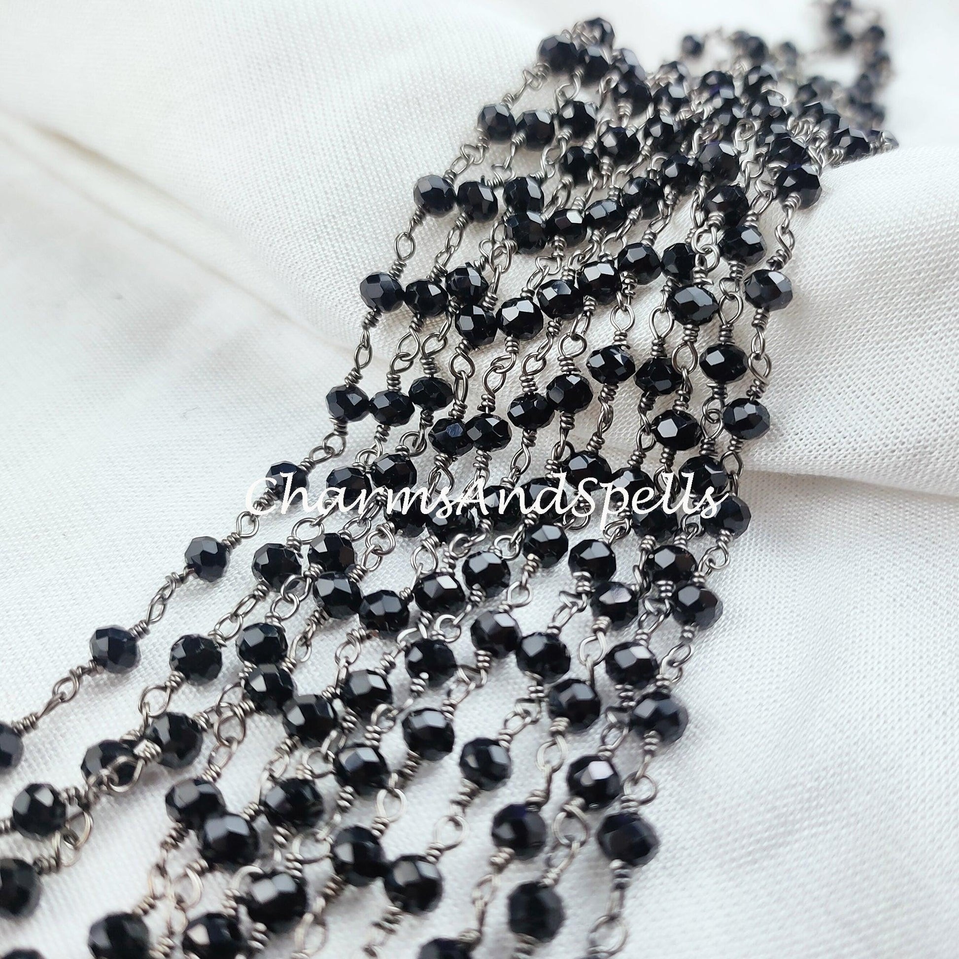 1 Feet Chain, Finished Black Onyx Beaded Chain, Wire Wrapped Onyx Beaded Chain, Rosary Bead Chain Semi Precious, Black Onyx, DIY Jewelry Making Chain - Charms And Spells