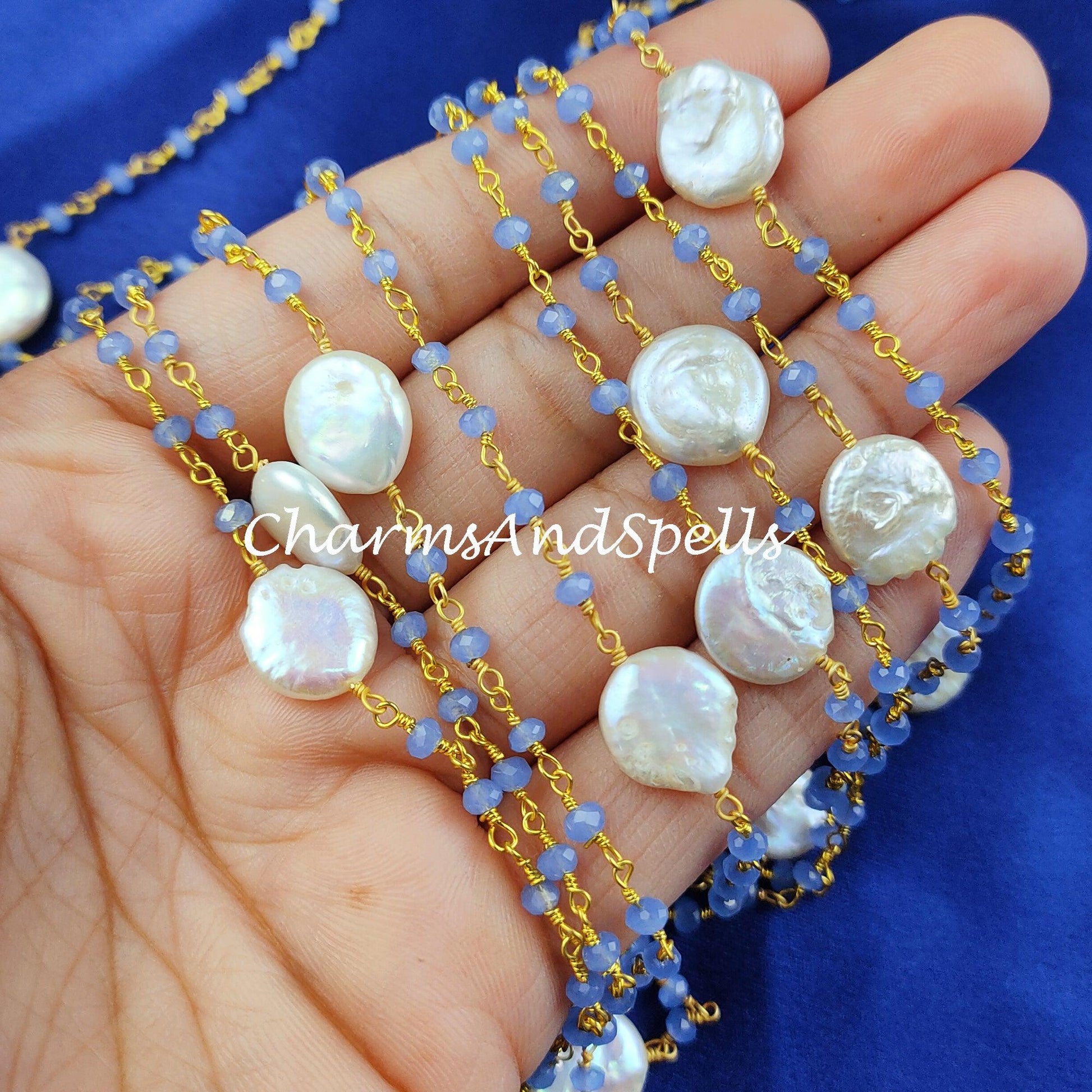 1 Feet Chain Sale!!!! Chalcedony Beaded Chain, Mother Of Pearl Necklace Chain, Wire Wrapped Gemstone Beaded Chain, Rosary Beaded Chain - Charms And Spells