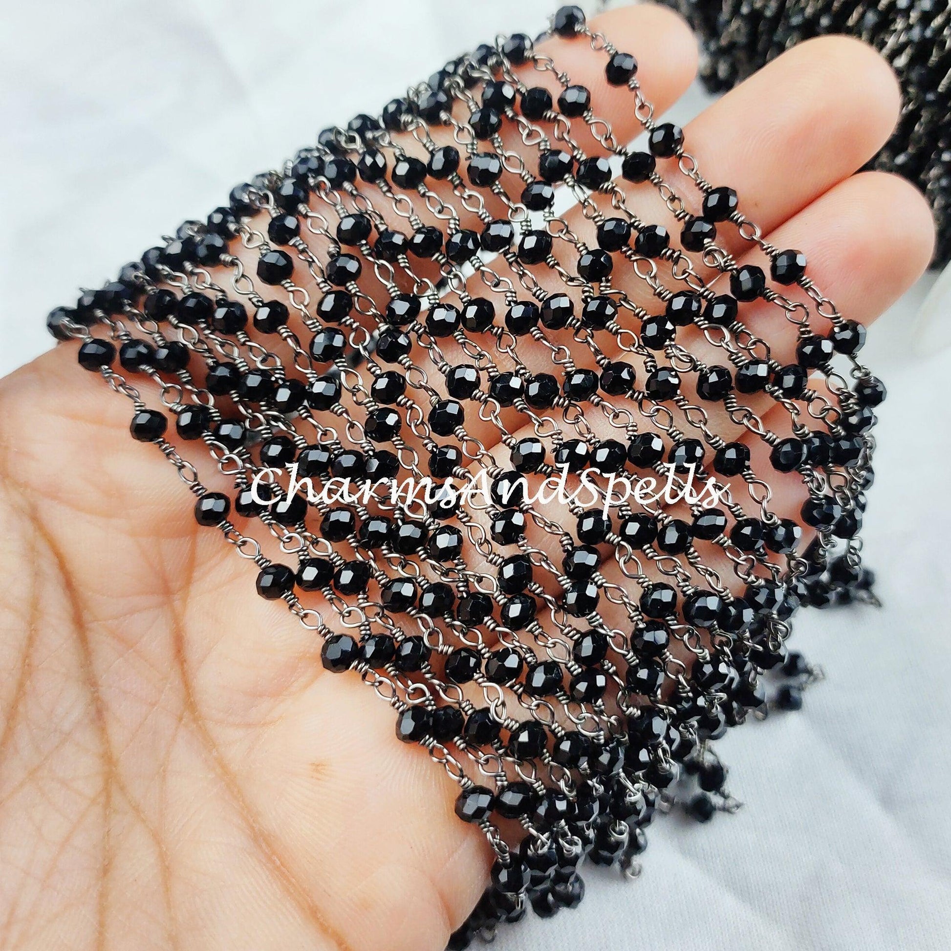 1 Feet Chain, Finished Black Onyx Beaded Chain, Wire Wrapped Onyx Beaded Chain, Rosary Bead Chain Semi Precious, Black Onyx, DIY Jewelry Making Chain - Charms And Spells