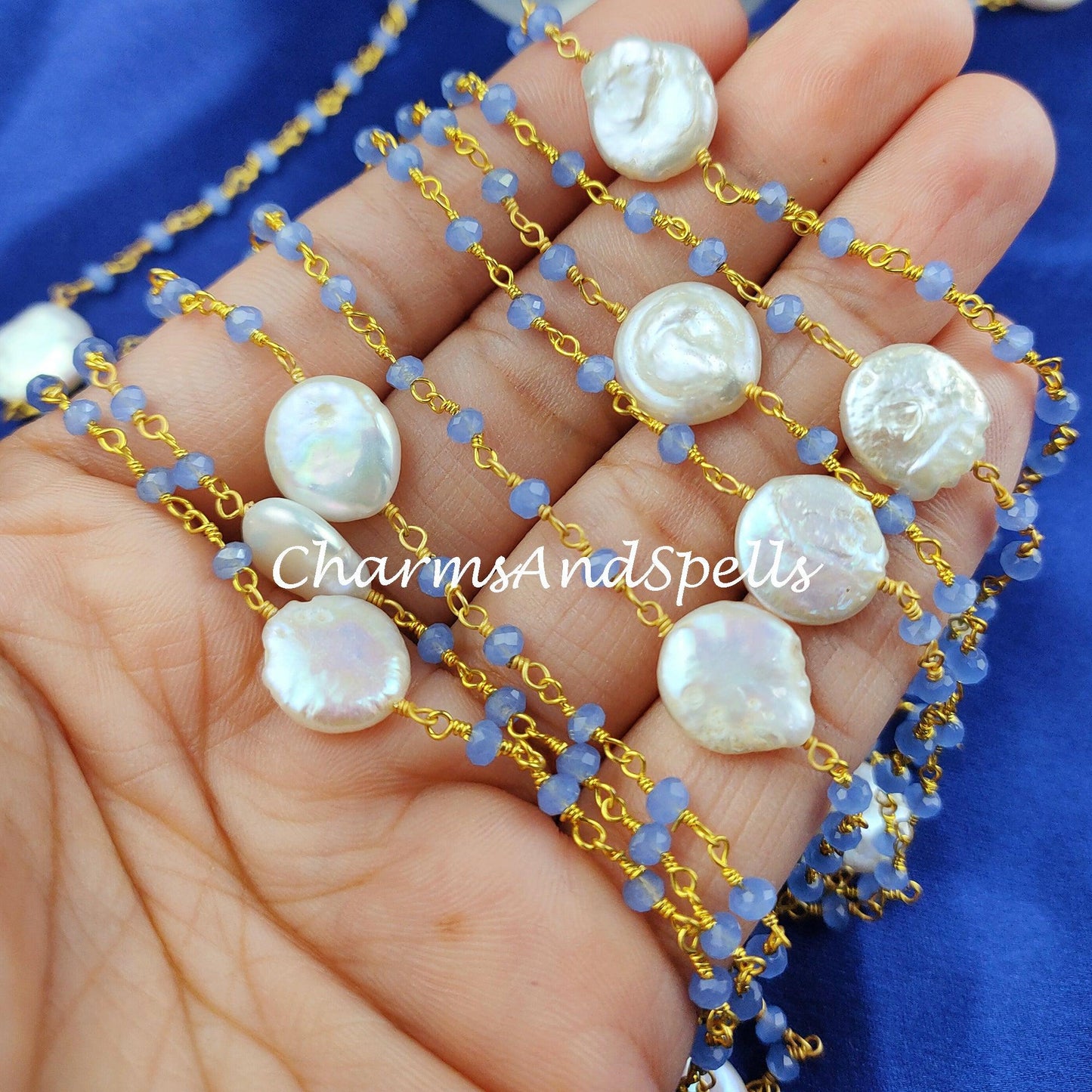 1 Feet Chain Sale!!!! Chalcedony Beaded Chain, Mother Of Pearl Necklace Chain, Wire Wrapped Gemstone Beaded Chain, Rosary Beaded Chain - Charms And Spells