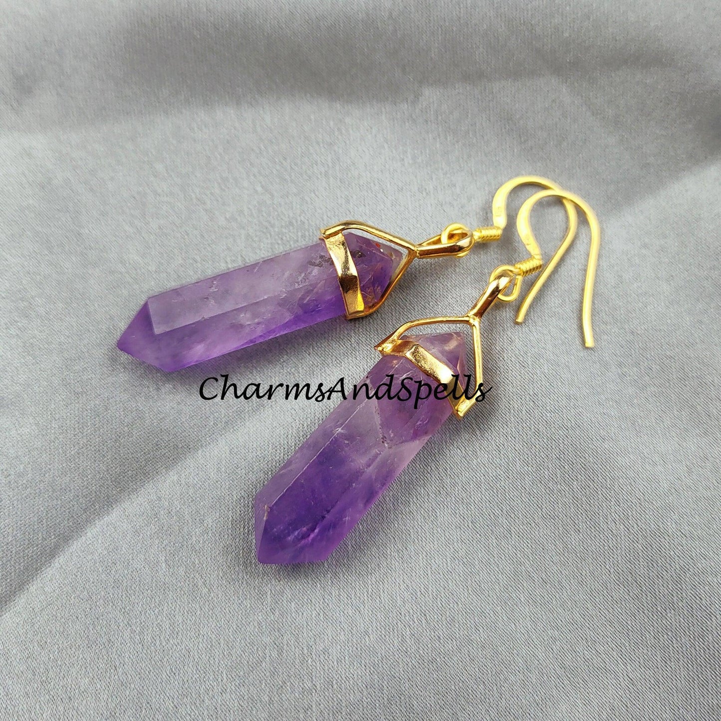 Amethyst Earrings, Pencil Earring, Dangle Earring, Gold Plated Earring, Gemstone Earring, Birthstone Earring - Charms And Spells