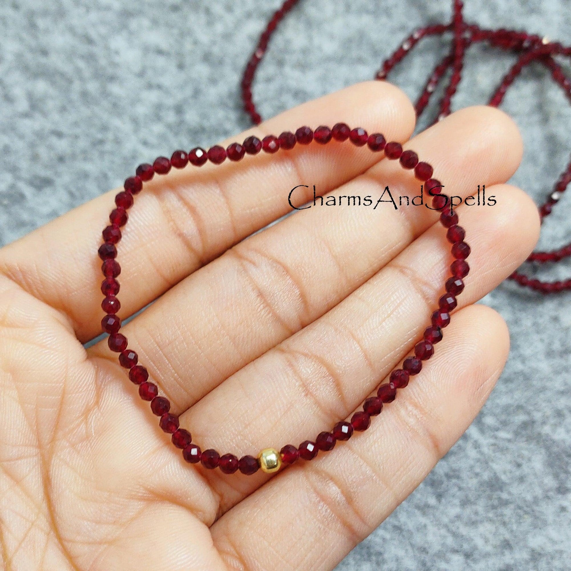 Garnet Bracelet, Beaded Red Gemstone Elastic Stacking Jewelry, Delicate Stretch Faceted Small Beads Bracelet, Boho Statement Bracelet, Gift - Charms And Spells