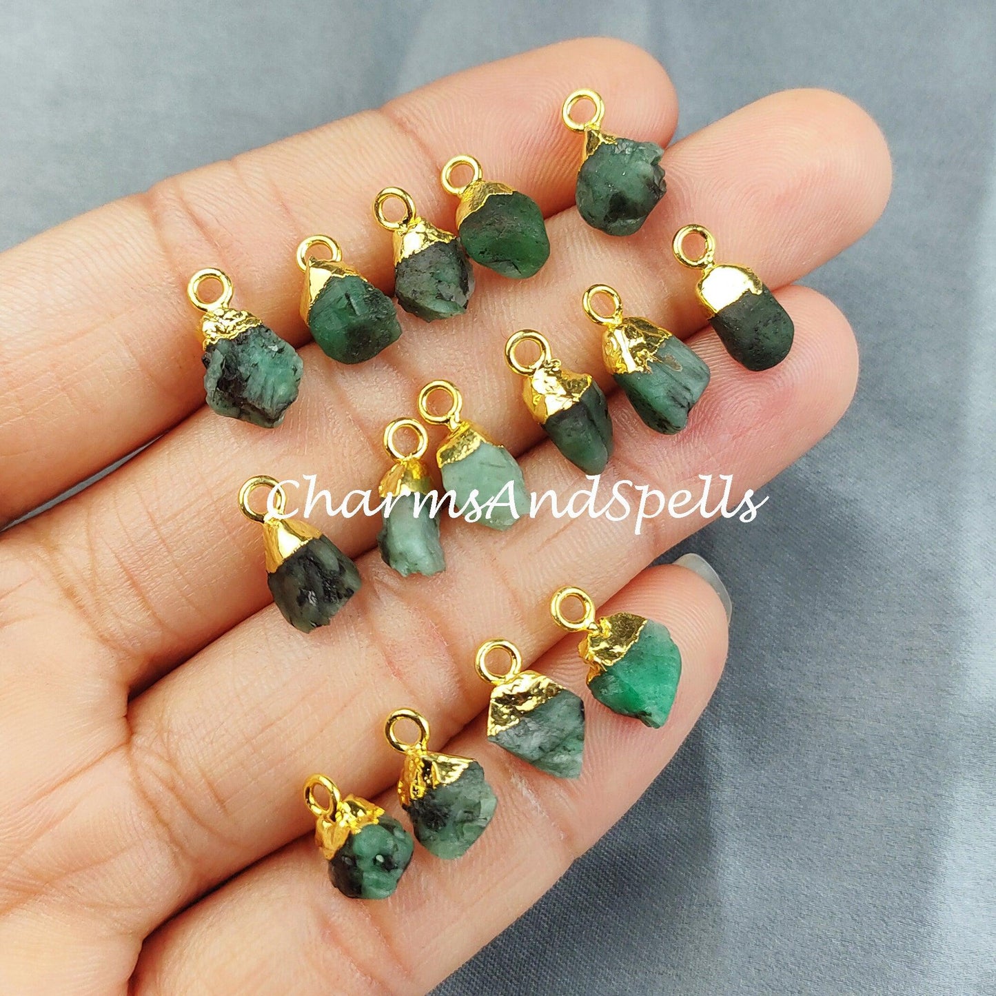 Raw Emerald Charm, Gold Electroplated Pendant Connectors, Rough Gemstone Connectors, Birthstone Connectors, Making Jewelry - Charms And Spells