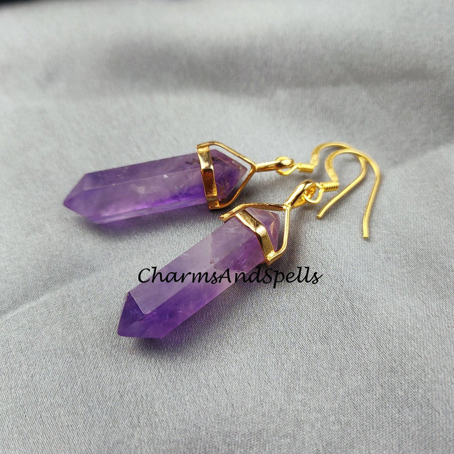 Amethyst Earrings, Pencil Earring, Dangle Earring, Gold Plated Earring, Gemstone Earring, Birthstone Earring - Charms And Spells