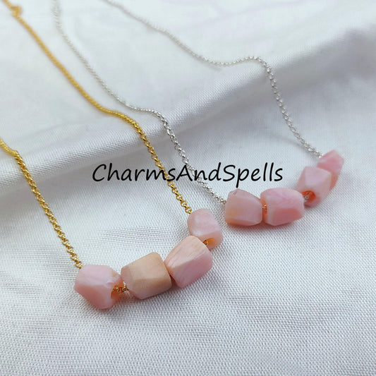 Raw Pink Opal Necklace, Electroplated Gemstone Jewelry, Silver/Gold Plated Necklace, Dainty Necklace - Charms And Spells