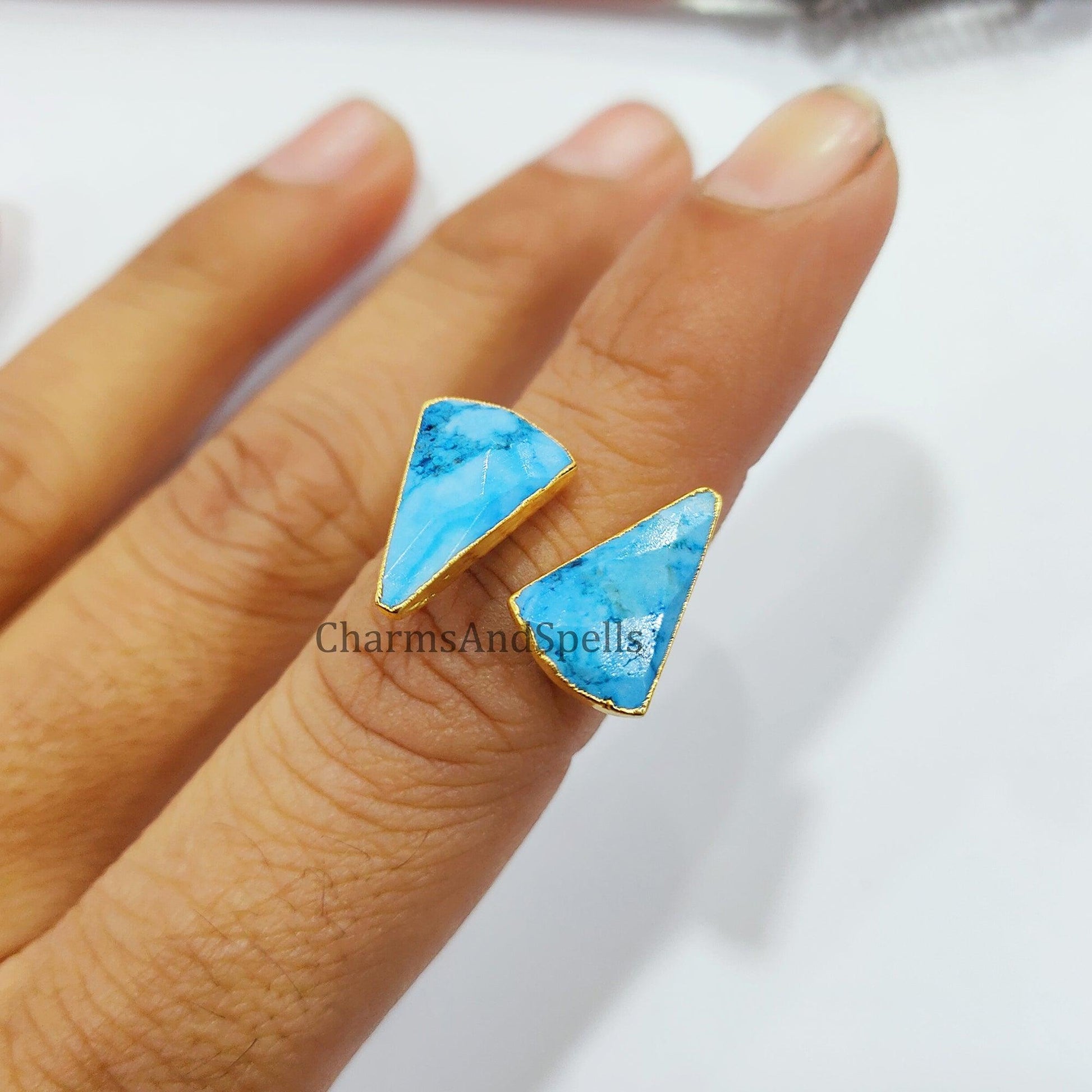 Turquoise Howlite Ring, Gold Plated Statement Ring, Electroplated Boho Ring, Adjustable Ring, Tringle Ring, Unique Ring - Charms And Spells