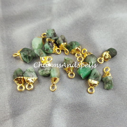 Raw Emerald Charm, Gold Electroplated Pendant Connectors, Rough Gemstone Connectors, Birthstone Connectors, Making Jewelry - Charms And Spells