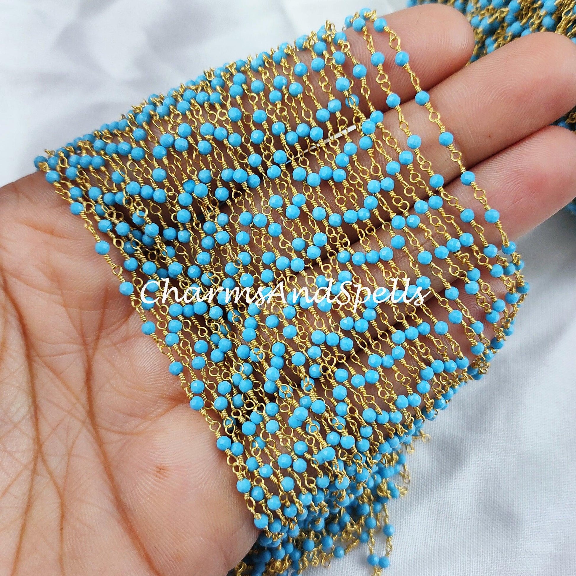 1,2,5,10,25 Ft Turquoise Hydro Faceted Rondelle Beaded Rosary Chain, Gold Plated Wire, Jewelry Making Chain, Wire Wrapped Chain 2-2.5mm - Charms And Spells