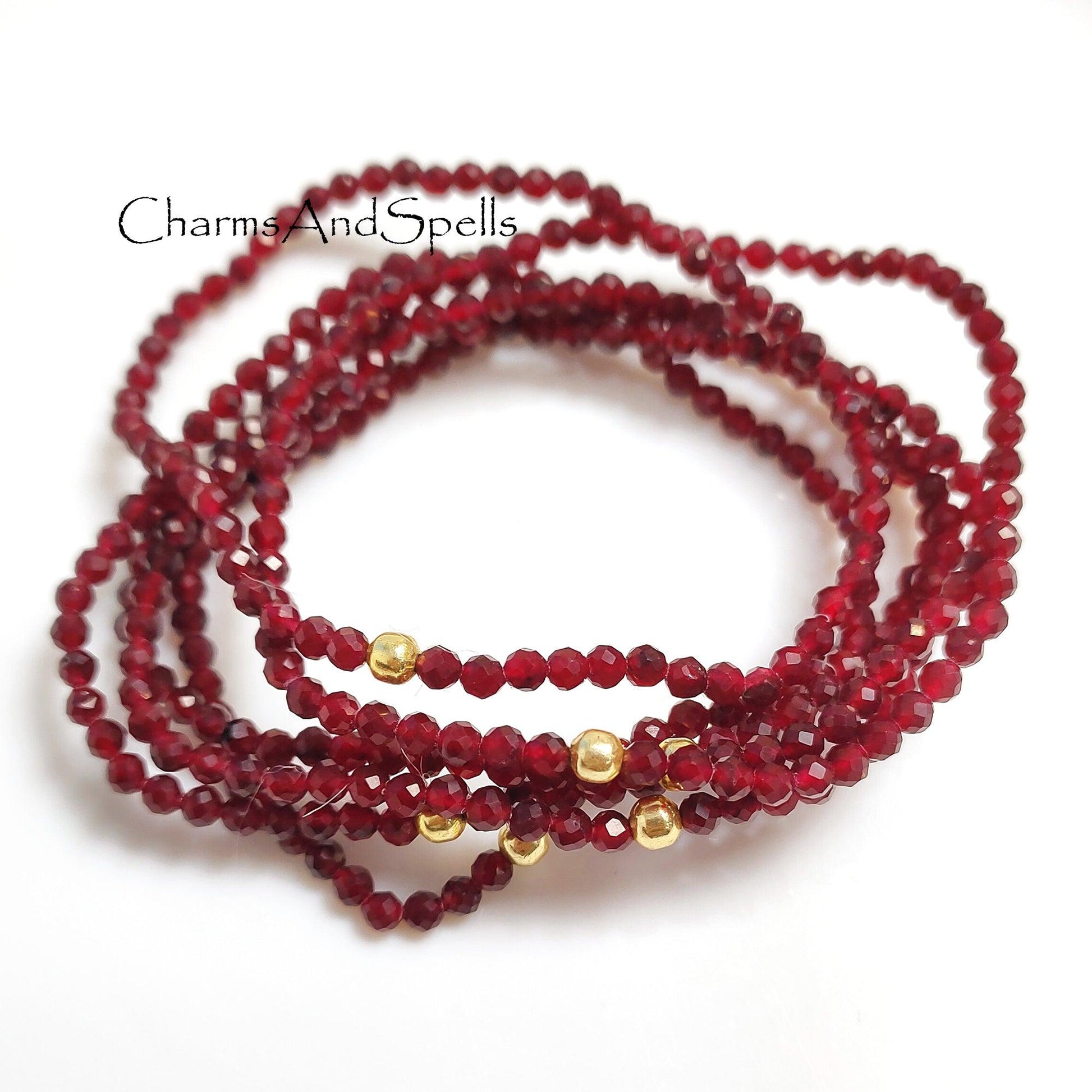 Garnet Bracelet, Beaded Red Gemstone Elastic Stacking Jewelry, Delicate Stretch Faceted Small Beads Bracelet, Boho Statement Bracelet, Gift - Charms And Spells