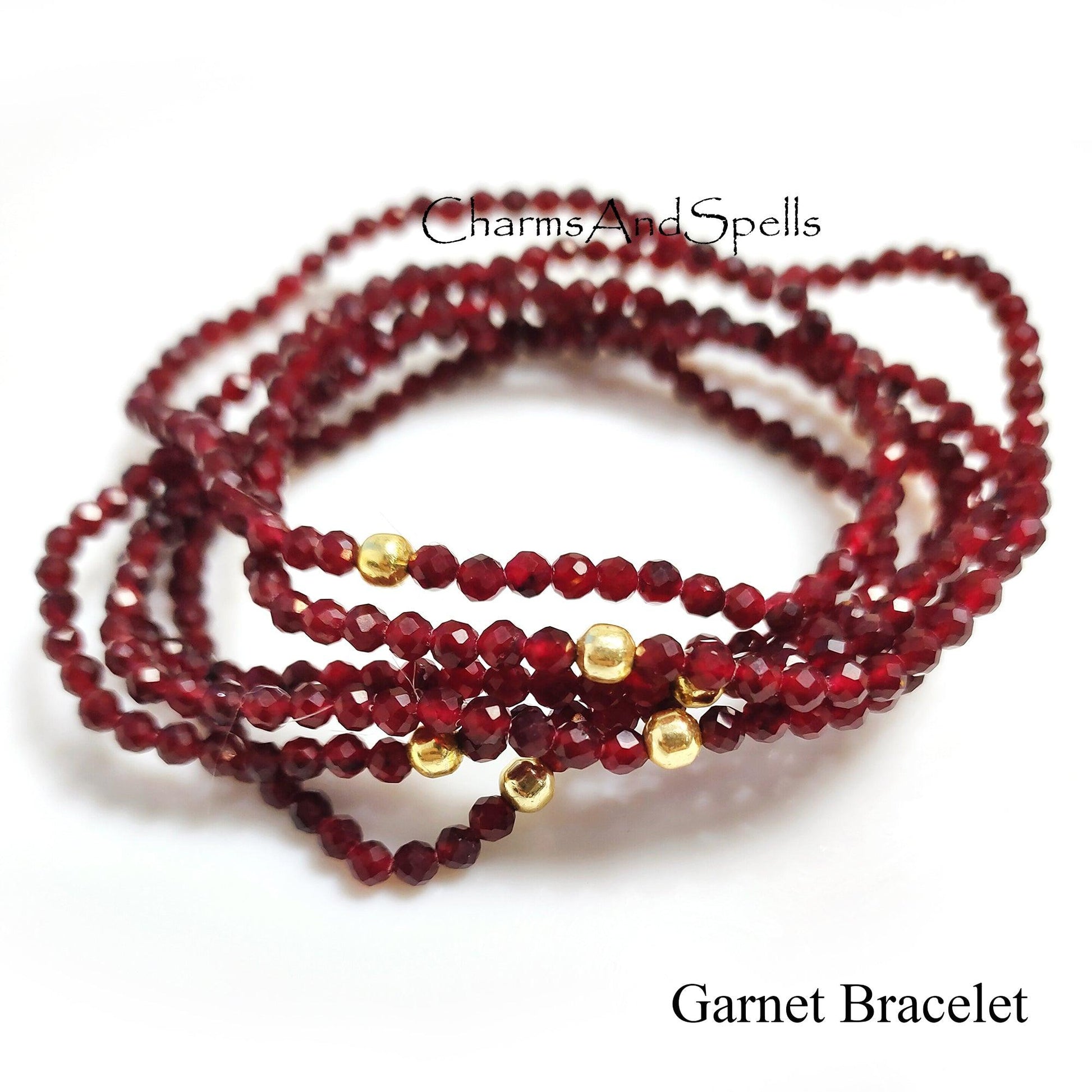 Garnet Bracelet, Beaded Red Gemstone Elastic Stacking Jewelry, Delicate Stretch Faceted Small Beads Bracelet, Boho Statement Bracelet, Gift - Charms And Spells