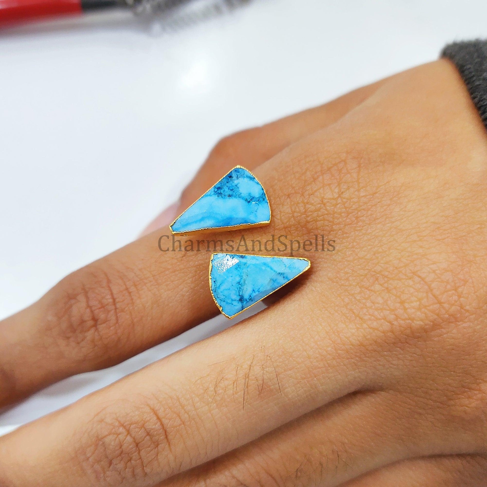 Turquoise Howlite Ring, Gold Plated Statement Ring, Electroplated Boho Ring, Adjustable Ring, Tringle Ring, Unique Ring - Charms And Spells