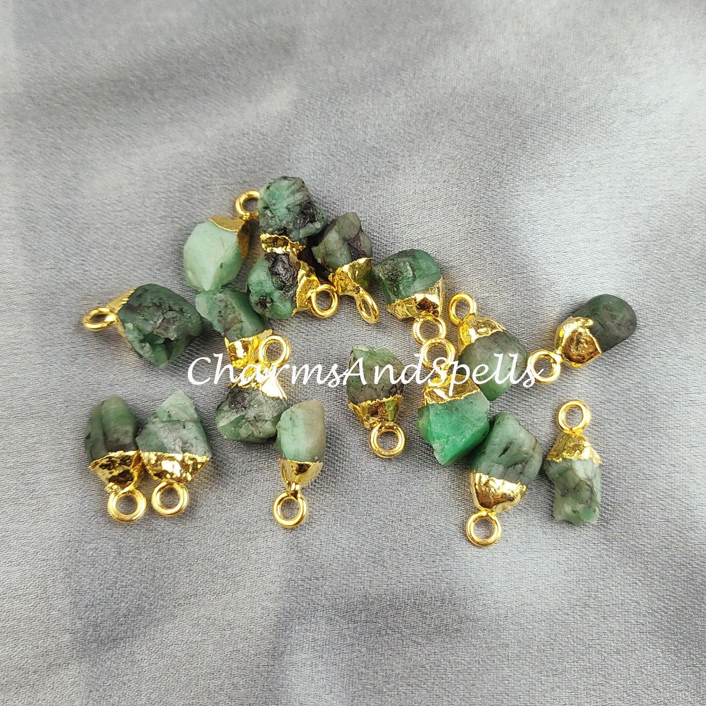 Raw Emerald Charm, Gold Electroplated Pendant Connectors, Rough Gemstone Connectors, Birthstone Connectors, Making Jewelry - Charms And Spells