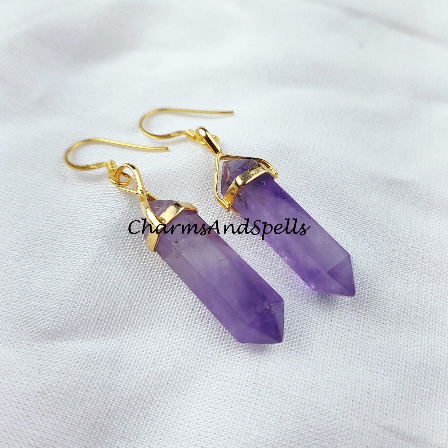 Amethyst Earrings, Pencil Earring, Dangle Earring, Gold Plated Earring, Gemstone Earring, Birthstone Earring - Charms And Spells