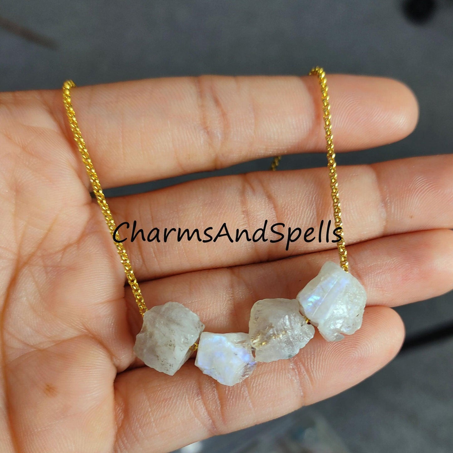 Natural Raw Rainbow Moonstone Necklace, Healing Necklace, June Birthstone, Blue Moonstone Necklace - Charms And Spells