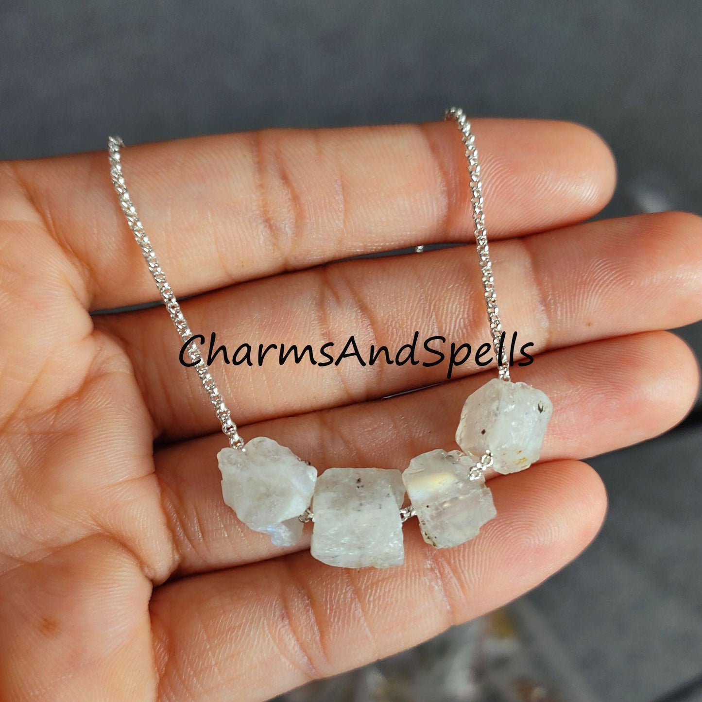 Natural Raw Rainbow Moonstone Necklace, Healing Necklace, June Birthstone, Blue Moonstone Necklace - Charms And Spells