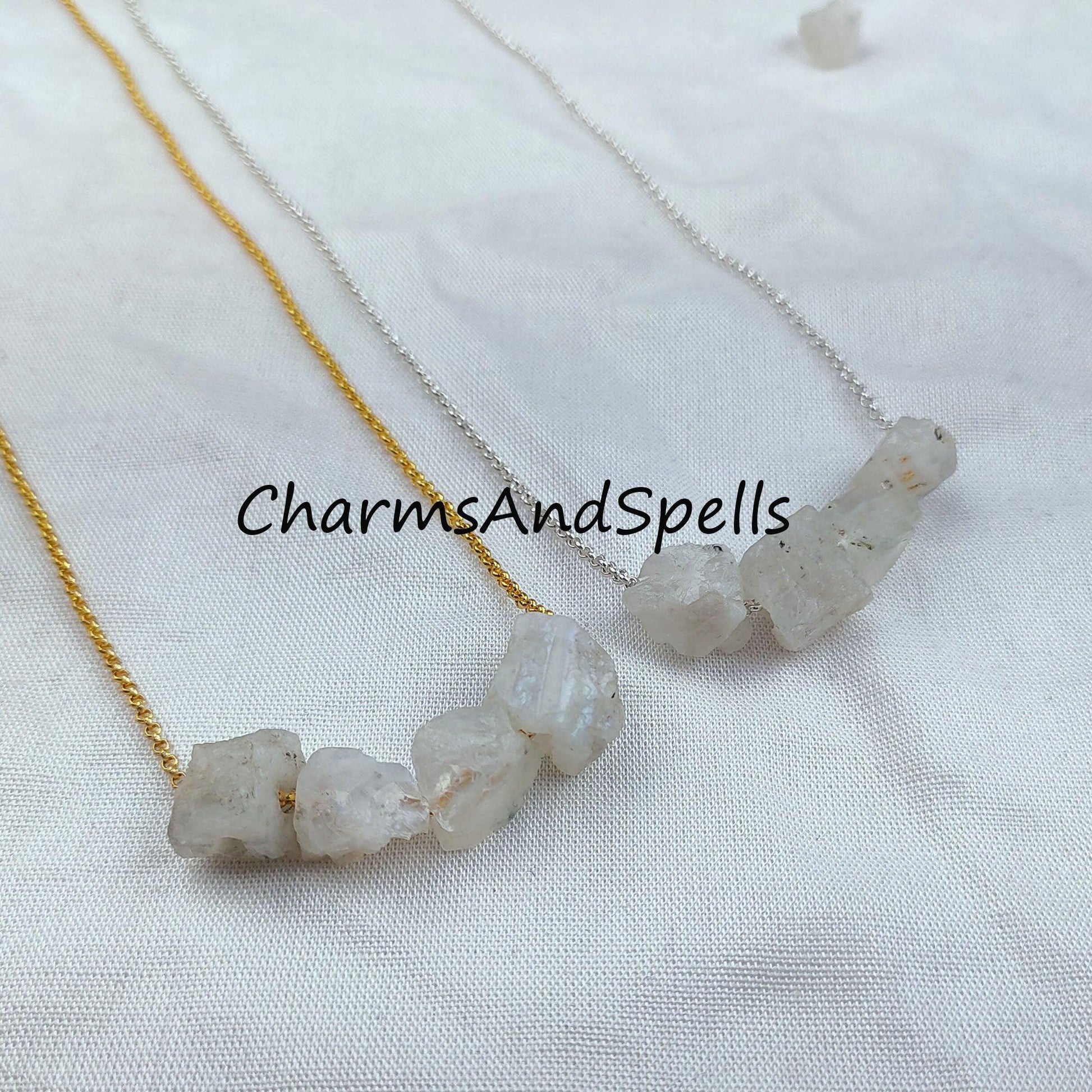 Natural Raw Rainbow Moonstone Necklace, Healing Necklace, June Birthstone, Blue Moonstone Necklace - Charms And Spells