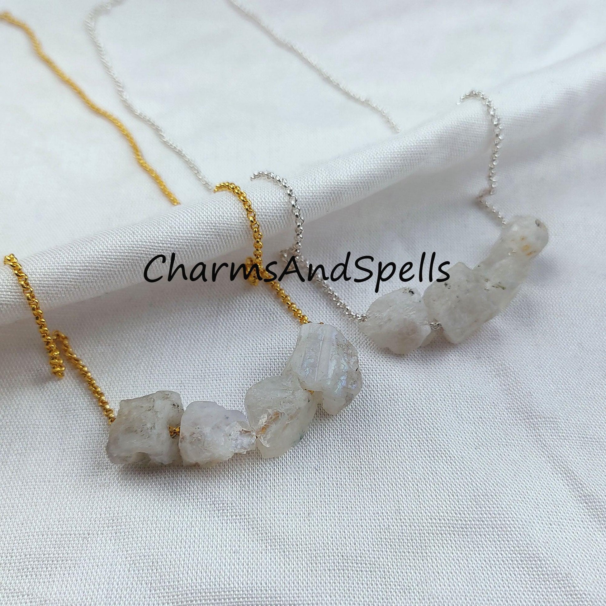 Natural Raw Rainbow Moonstone Necklace, Healing Necklace, June Birthstone, Blue Moonstone Necklace - Charms And Spells