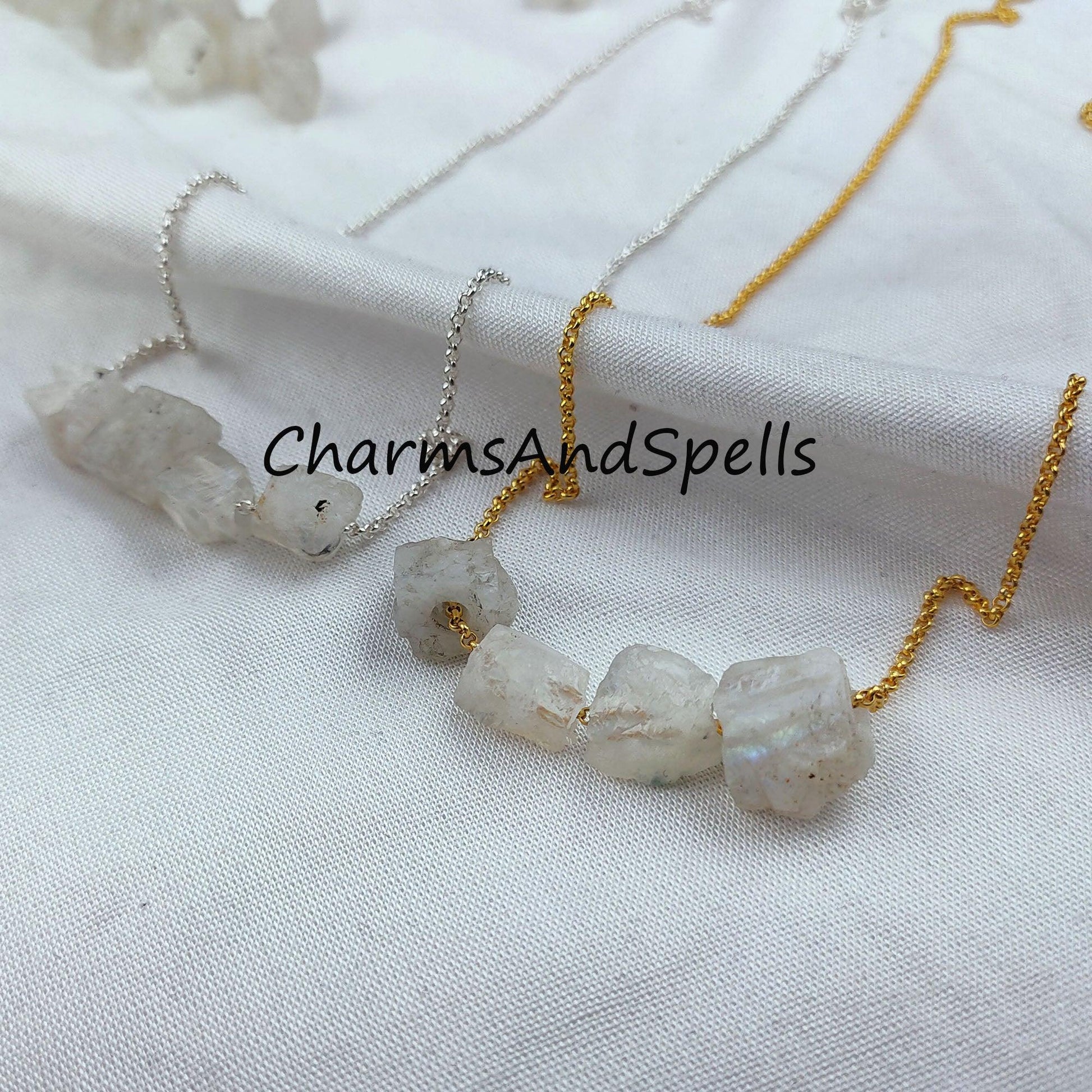 Natural Raw Rainbow Moonstone Necklace, Healing Necklace, June Birthstone, Blue Moonstone Necklace - Charms And Spells