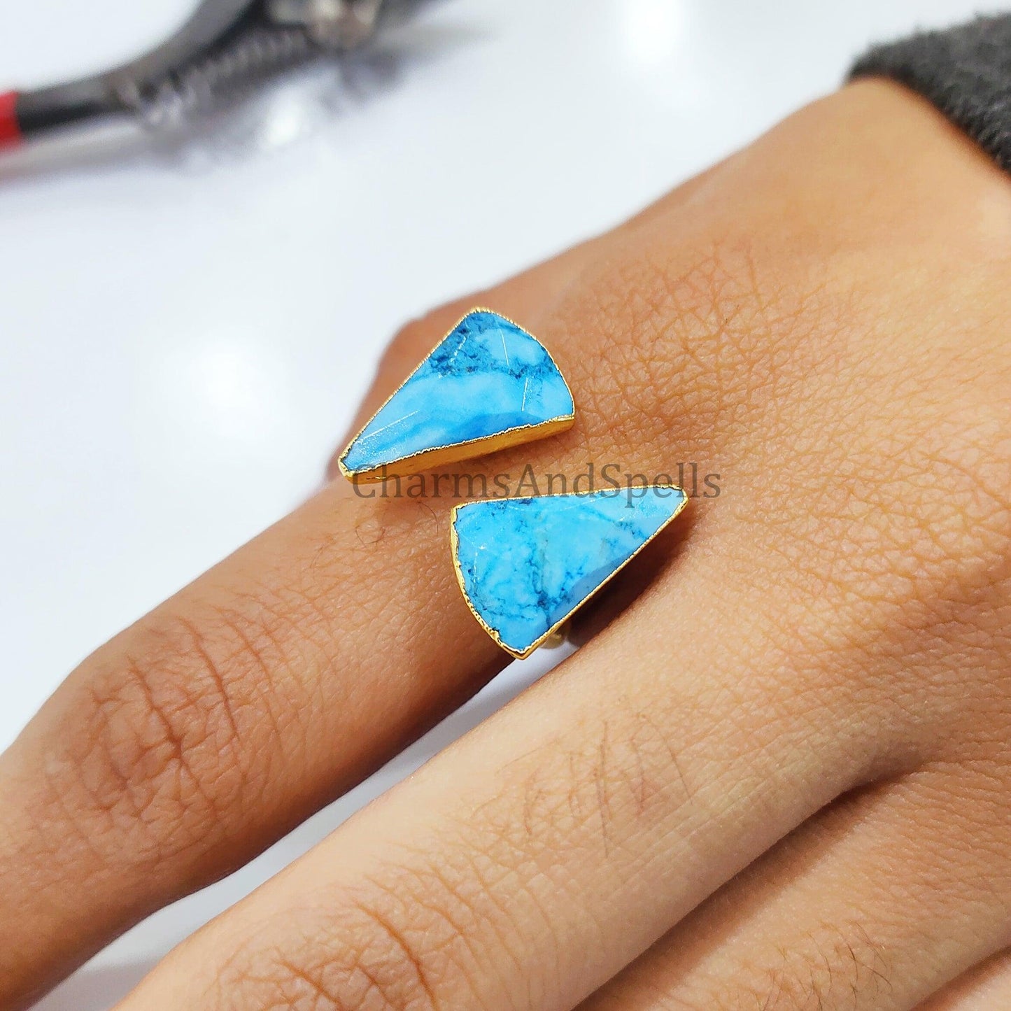 Turquoise Howlite Ring, Gold Plated Statement Ring, Electroplated Boho Ring, Adjustable Ring, Tringle Ring, Unique Ring - Charms And Spells