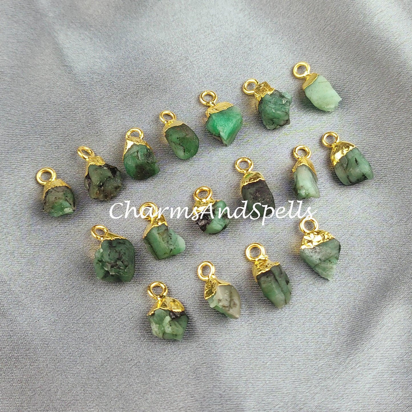 Raw Emerald Charm, Gold Electroplated Pendant Connectors, Rough Gemstone Connectors, Birthstone Connectors, Making Jewelry - Charms And Spells