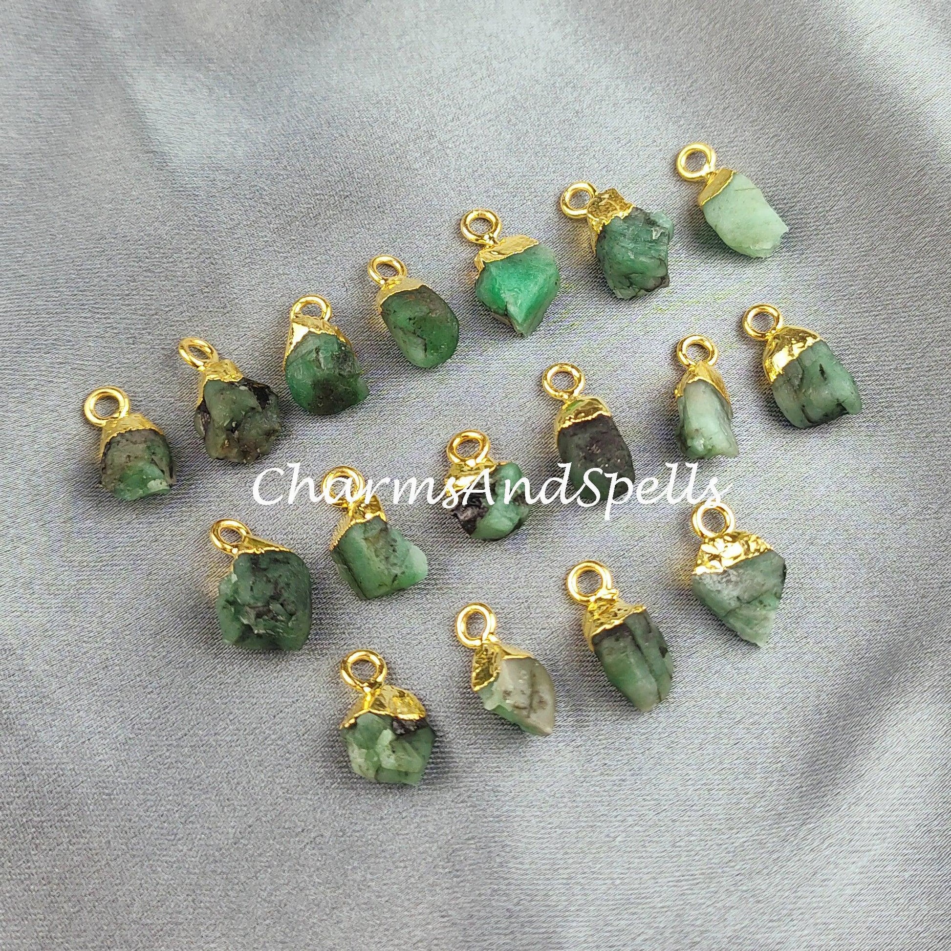 Raw Emerald Charm, Gold Electroplated Pendant Connectors, Rough Gemstone Connectors, Birthstone Connectors, Making Jewelry - Charms And Spells