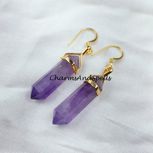 Amethyst Earrings, Pencil Earring, Dangle Earring, Gold Plated Earring, Gemstone Earring, Birthstone Earring - Charms And Spells