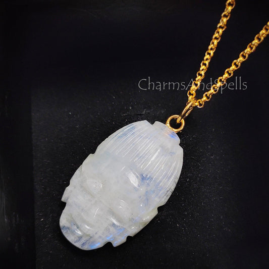 Blue Rainbow Moonstone Buddha Face Carving Pendant Necklace, Gold Plated Pendant Necklace, Moonstone Pendant, Face Carving Gemstone Jewelry - Charms And Spells