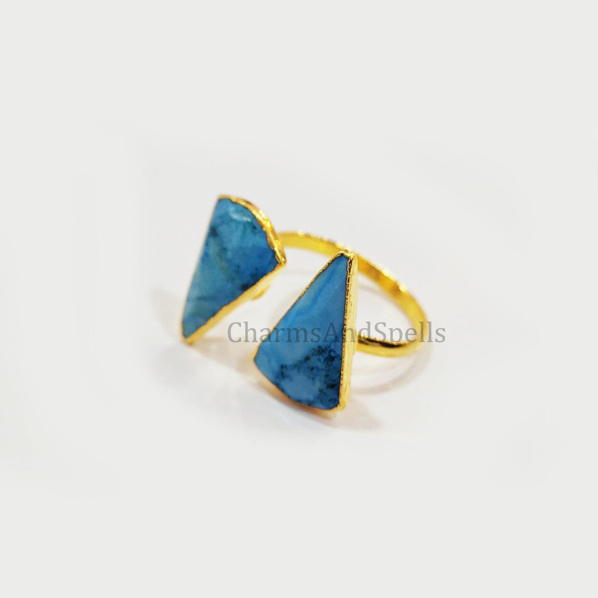 Turquoise Howlite Ring, Gold Plated Statement Ring, Electroplated Boho Ring, Adjustable Ring, Tringle Ring, Unique Ring - Charms And Spells