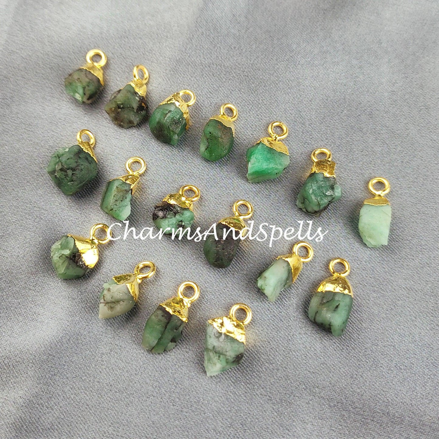 Raw Emerald Charm, Gold Electroplated Pendant Connectors, Rough Gemstone Connectors, Birthstone Connectors, Making Jewelry - Charms And Spells