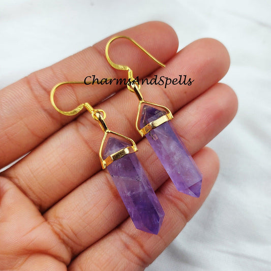 Amethyst Earrings, Pencil Earring, Dangle Earring, Gold Plated Earring, Gemstone Earring, Birthstone Earring - Charms And Spells